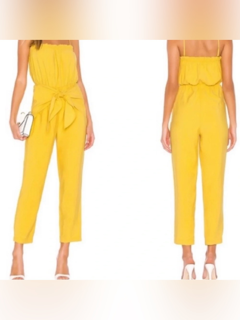 BCBGeneration Mustard Yellow Spaghetti Strap Tie-Waist Jumpsuit